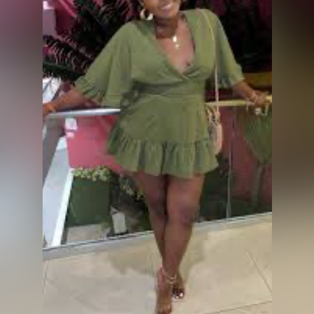 Plunging ruffle-trim mini dress with shorts built in. V-neck olive color. L, NWT - Picture 2 of 13